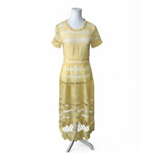 Han Queen Crochet Dress Yellow M Lace Midi Coquette Short Sleeve Women's NWT